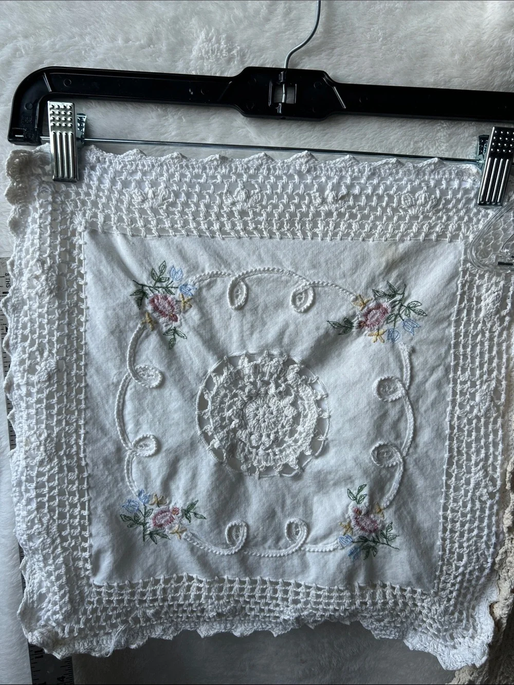 Vintage hand -Embroidered Cream Lace Trim pillow cover shams
